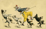 (Zeichnung eines Clowns und tanzender Hunde) 