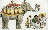 (Zeichnung eines Elefanten mit vielen Kindern und eines Paares auf einer Bank) 