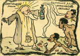 (Karikatur eines Mannes mit einer Flasche und mehreren Süchtigen) 