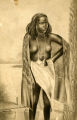 (Zeichnung einer barbusigen Frau vor einem Gewässer) 