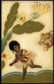 (Karikatur eines Kindes mit Blume und Löwen) 