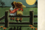 (Zeichnung zweier Kinder, die auf einem Zaun sitzen) 