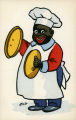 (Karikatur eines Koches mit Topfdeckeln als Becken) 