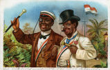 (Zeichnung zweier Männer in Verbindungskleidung vor einem Flaggenmast) 