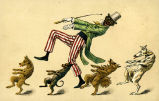 (Zeichnung eines Mannes und mehrerer Hunde beim Tanzen) 