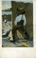 (Karikatur eines Mannes vor dem Zaun eines Geflügelgeheges) 