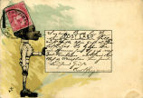 (Karikatur eines Postkarten haltenden Jungen) 
