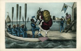 (Karikatur einer Frau beim Einsteigen in ein Boot) 