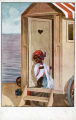 (Karikatur eines Mädchens vor einer Badekarre und eines lauernden Jungen mit Kamera 