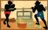 (Zeichnung zweier Männer beim Pressen von Kokosnuss-Saft, Werbung für Tabu) 