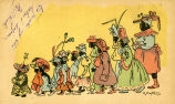 (Zeichnung einer Gruppe Mädchen, die in Zweierreihen vor einer Frau hergehen)
